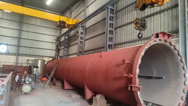 Painted vessel shell in the fabrication hall